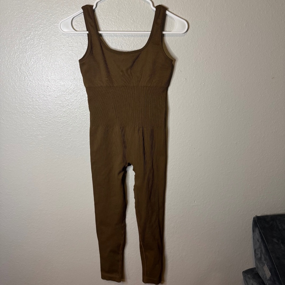 Chocolate Brown Ribbed Bodycon Jumpsuit